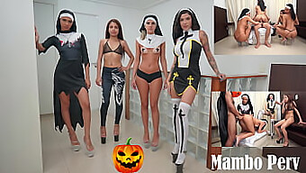 Seks Berkumpulan Bertema Halloween Dengan Biarawati Dan Delicia Berkulit Hitam